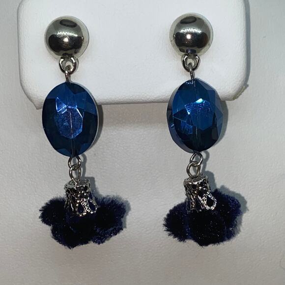 Silver-Tone Blue Beaded & Pom-Pom Dangle Earrings - Picture 3 of 7